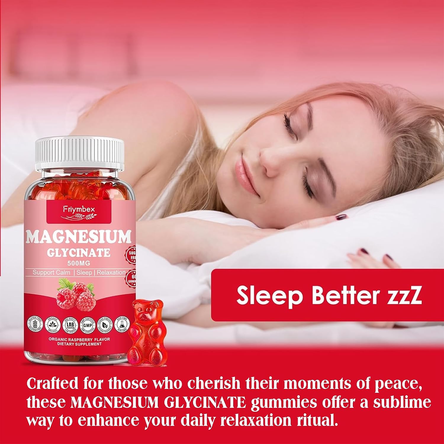 Friymbex Sugar-Free Magnesium Glycinate Gummies - Raspberry Flavor, Pectin-Based, 60 Count