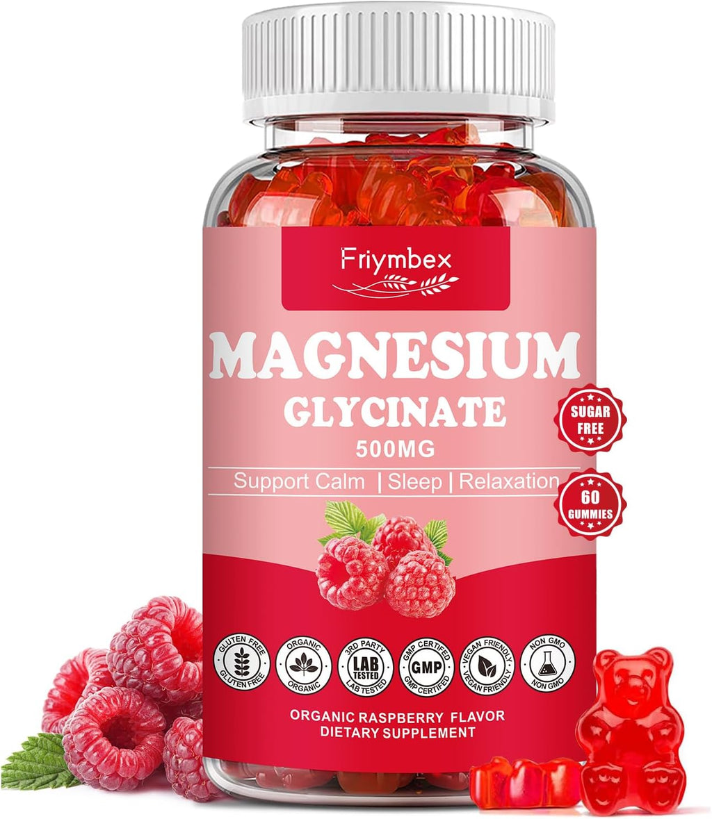 Friymbex Sugar-Free Magnesium Glycinate Gummies - Raspberry Flavor, Pectin-Based, 60 Count